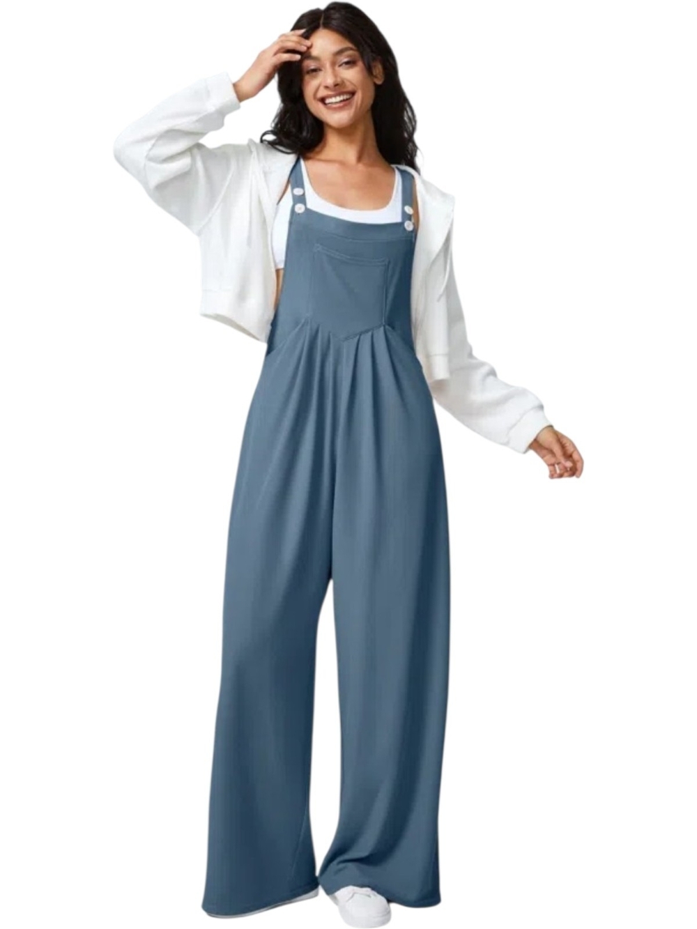 Halara Pleated Wide Leg Jumpsuit Overalls Blue Waffle Knit Pocket Size M